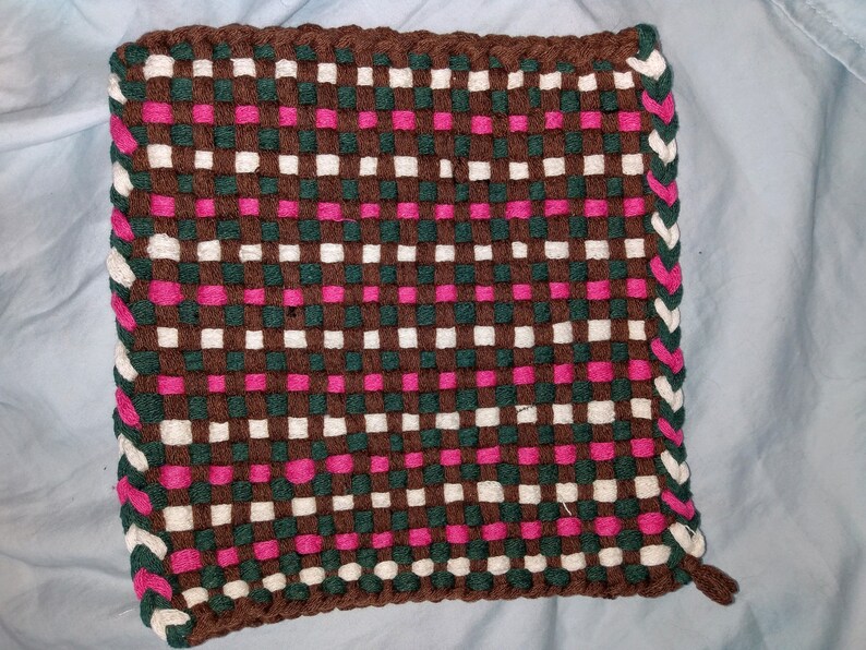 Thick Woven Potholders, 8.5 inches Square, Cotton Brown/Forest/Pink