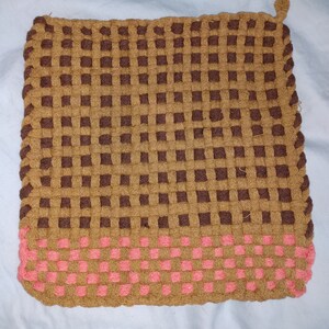 Thick Woven Potholders, 8.5 inches Square, Cotton Tan/Chocolate/Peach