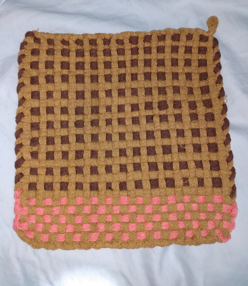 Thick Woven Potholders, 8.5 inches Square, Cotton Tan/Chocolate/Peach