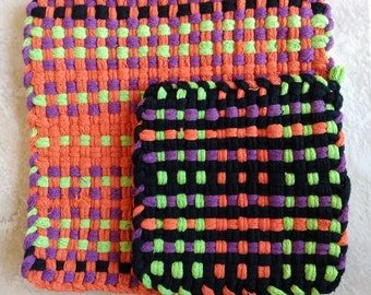 2 Woven Potholders; 1 large, 1 small, Cotton