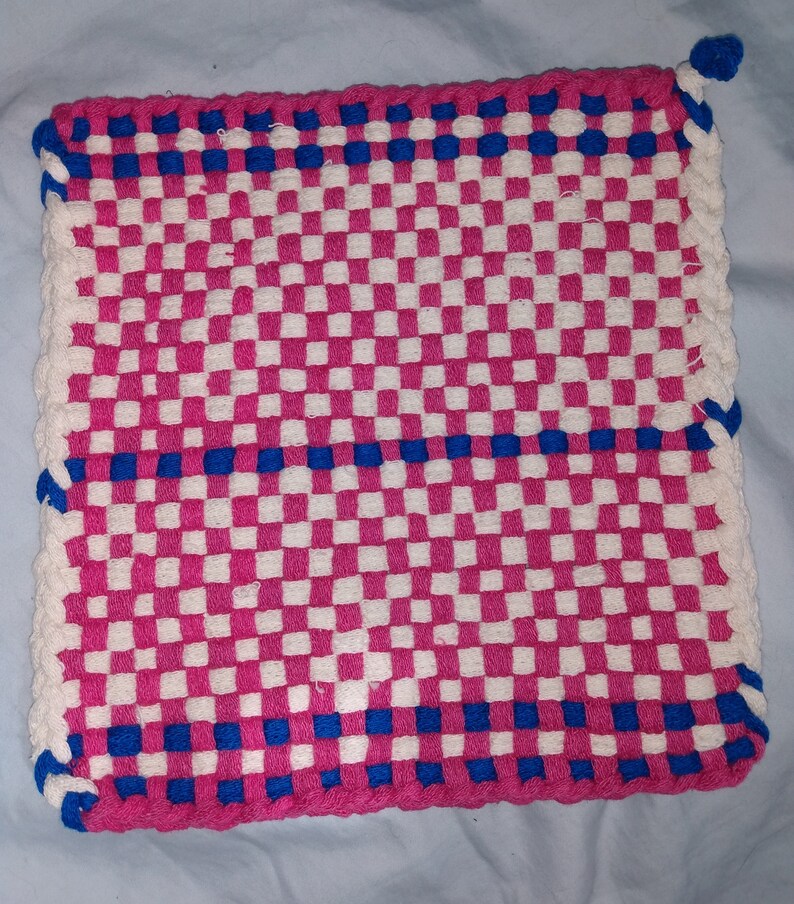 Thick Woven Potholders, 8.5 inches Square, Cotton Pink/White/Navy