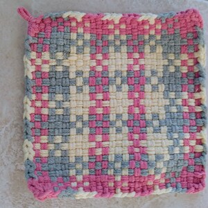 Thick Woven Potholders, 8.5 inches Square, Cotton Pink/Gray/Yellow