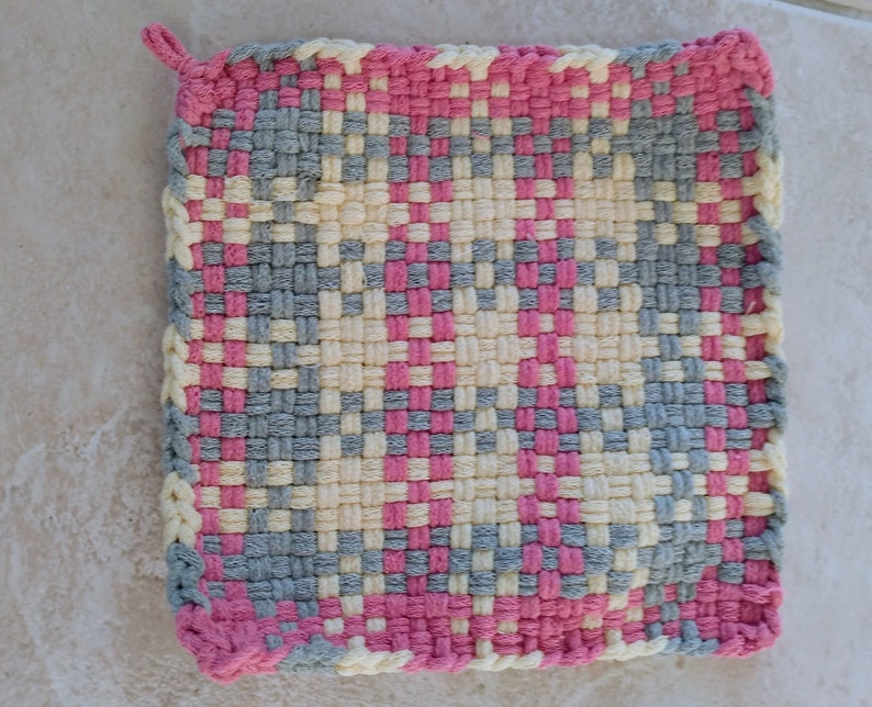 Thick Woven Potholders, 8.5 inches Square, Cotton Pink/Gray/Yellow