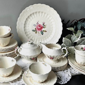 Copeland Spode “Billingsley Rose” Plates ~ Tea Cups & Saucers ~ Sugar and Creamer ~ Spode’s Jewel ~ Embossed Lace Vintage 1940s Pink ~ Green