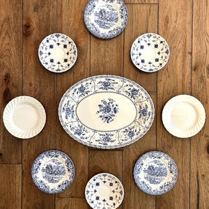 Blue & White Plates England Decor Wall Display: Johnson Brothers Indies ~ Coaching Scenes ~ Snowhite Churchill Finlandia ~ Blue Transferware