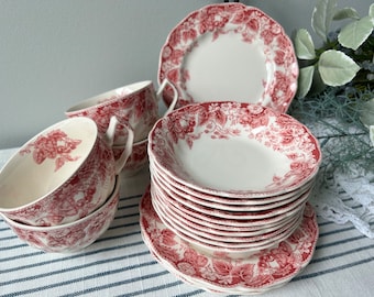 Vintage Strawberry Fair Dishes by Johnson Brothers England Red and White Bowls Tea Cup & Saucer Bread Plates Cottagecore