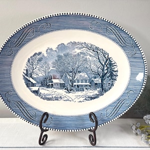 Vintage Blue & White Transferware Platter ~ Currier and Ives Farmhouse