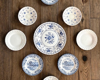 Vintage Blue & White Transferware Plates English Cottage ~ Gallery Wall Display