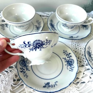 Vintage Set Blue and White Blue Tea Cups & Saucers ~ Blue Dresden Floral ~ Porcelain ~ Made in Japan