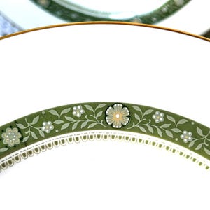 May include: Close-up of a white plate with a gold rim and a decorative green border. The border features a floral and leaf design with small white flowers. The plate is likely part of a dinnerware set.
