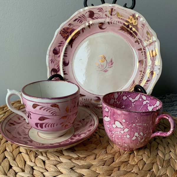 Pink Lustreware Tea Set English Copper Staffordshire Soft Paste Porcelain Plate Antique Sunderland Pottery ~ Display Decor