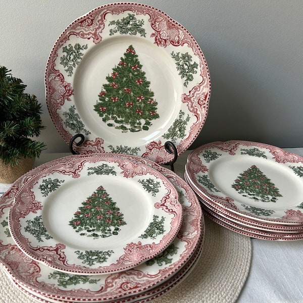 Johnson Brothers Christmas Tree Plates “Made in England” Salad Plate Green Tree Old Britain Castles Pink Christmas Dinner Plate 1883 England