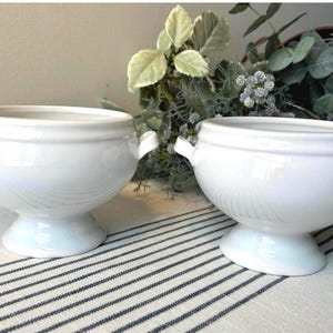 Pairs of Crate & Barrel White Footed Soup Bowls ~ Small French Soup Tureens ~ Porcelain Handled Bowl ~ Cottage Style