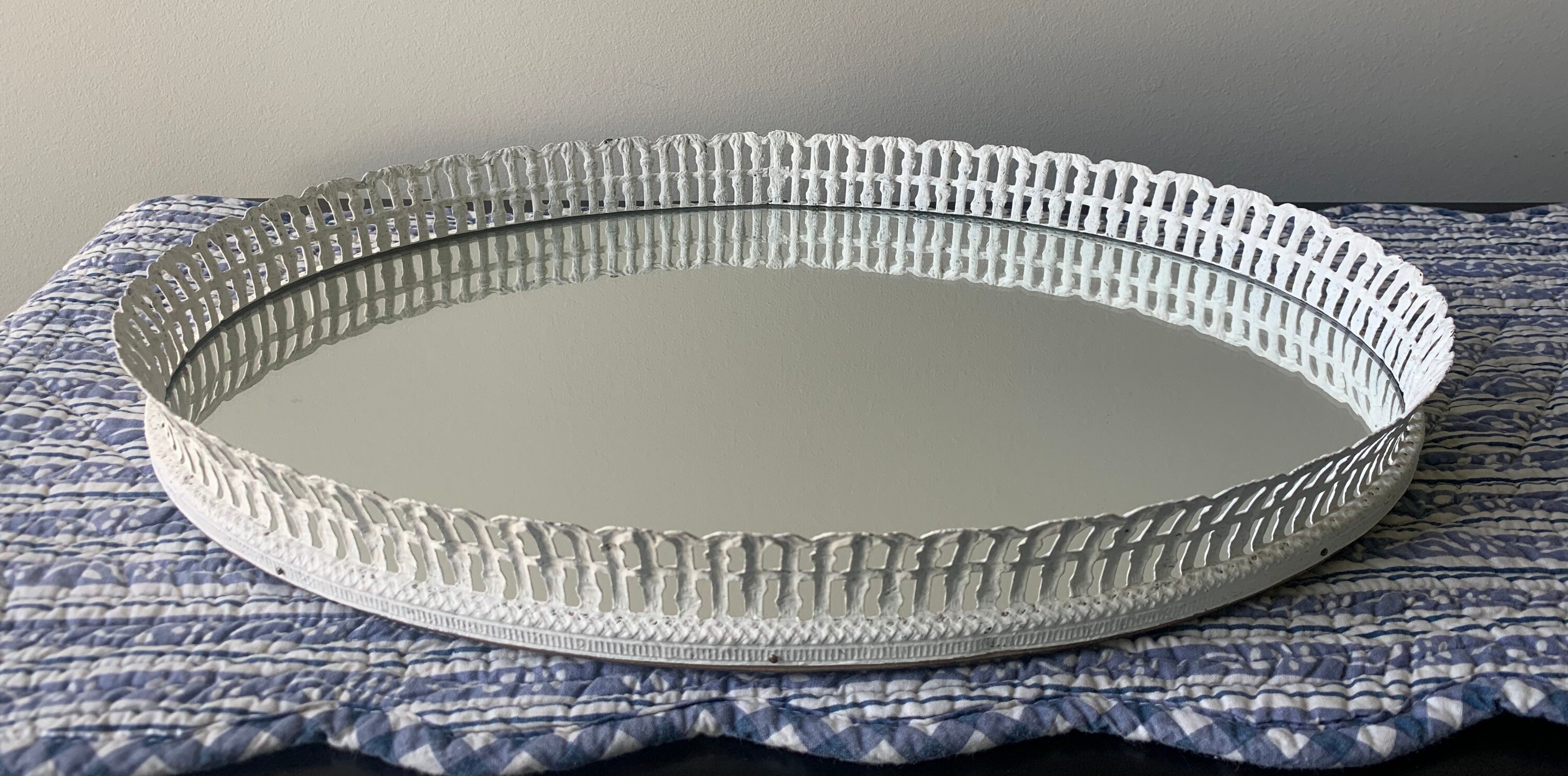 Vintage Vanity Mirror Tray Large Oval Painted Cream White Etsy