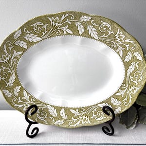 Vintage J & G Meakin Ironstone Platter England Green Transferware ~ Sterling Renaissance w/ Green and White Leaves Botanical