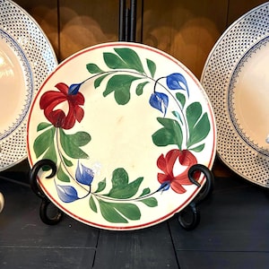 Antique “Adams Rose” Transferware Plate 1890s Staffordshire England Hand Painted Red Green Blue Florals