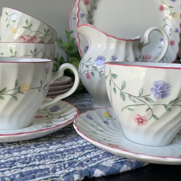 Johnson Brothers Summer Chintz Creamer Dessert Salad Plates Tea Cups and Saucers Swirl White Transferware with Pink Flowers