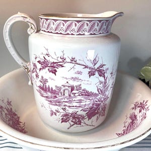 Antique Royal Ironstone China Mulberry Purple Transferware ~ Large Pitcher & Basin  ~ Victorian Vanity ~ Warranted USA