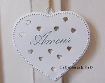 1 large heart in metal patinated white love / friendship / welcome / happiness decoration to hang vintage style shabby chic 17cm French heart