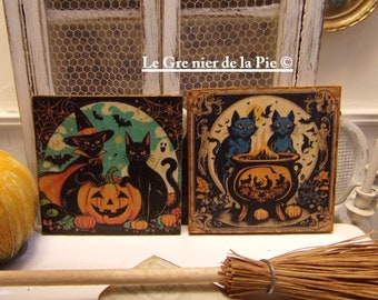 1pc Halloween Miniature Plaque Black Cat Witch Pumpkin Wooden Board Mini Dollhouse Decoration 1:12 Vintage Dollhouse Sign