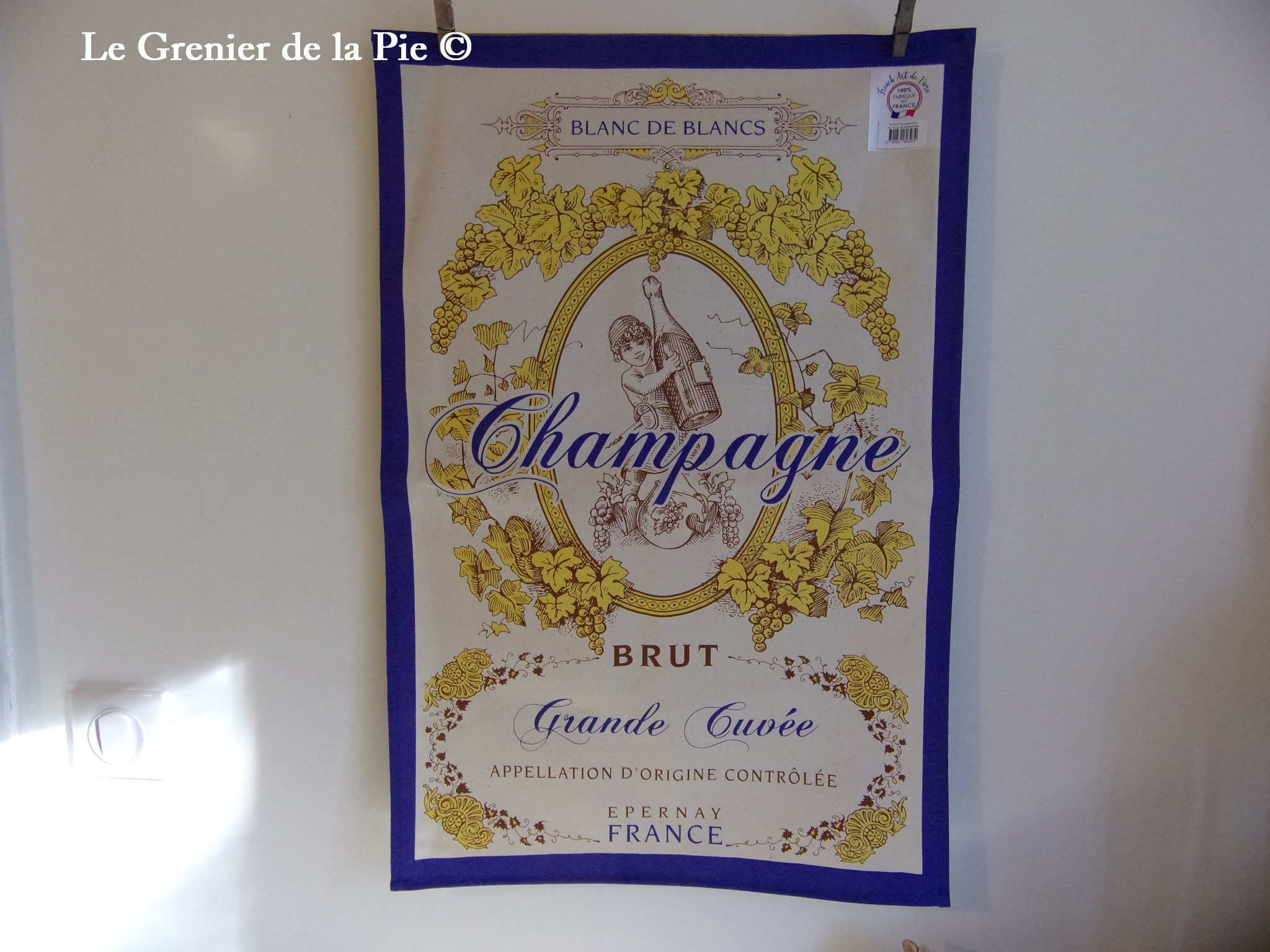 Grand Torchon en Coton Écru Champagne Brut d'epernay 48x72cm Essuie-Mains Décoration Cuisine Fabrica