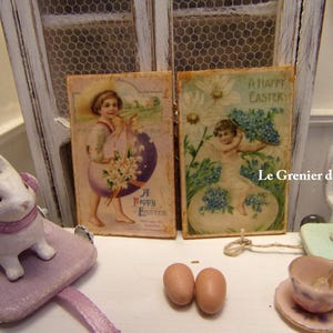 1 plaque miniature happy Easter en bois décoration de Pâques enfants oeufs fleurs tableau maison de poupées 1:12 vintage dollhouse sign