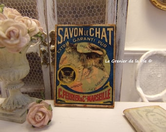 MINIATURE plaque advertising soap the cat Marseille wooden table for dollhouse scale 1:12 vintage decoration dollhouse French sign