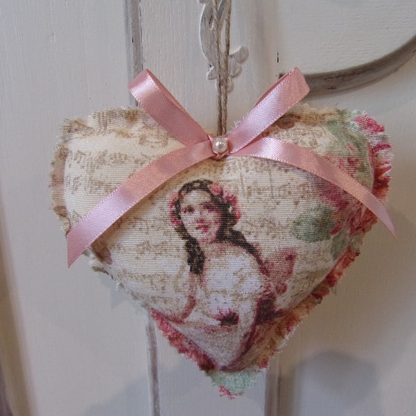 fabric heart to hang key decoration pink flower fairy pattern handmade 14.5cm shabby chic style vintage French hanging heart