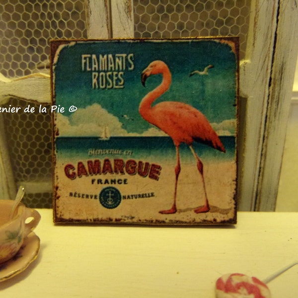 plaque MINIATURE tableau en bois flamant rose pour maison de poupées échelle 1:12 décoration Camargue vintage shabby French dollhouse sign