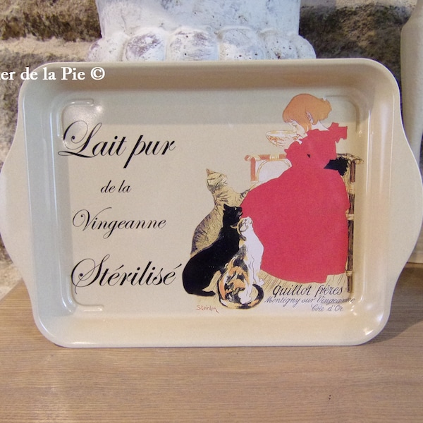 small metal tray poster Steinlen advertising Vingeanne milk little girl cats 14x21cm table decoration vintage French style tray