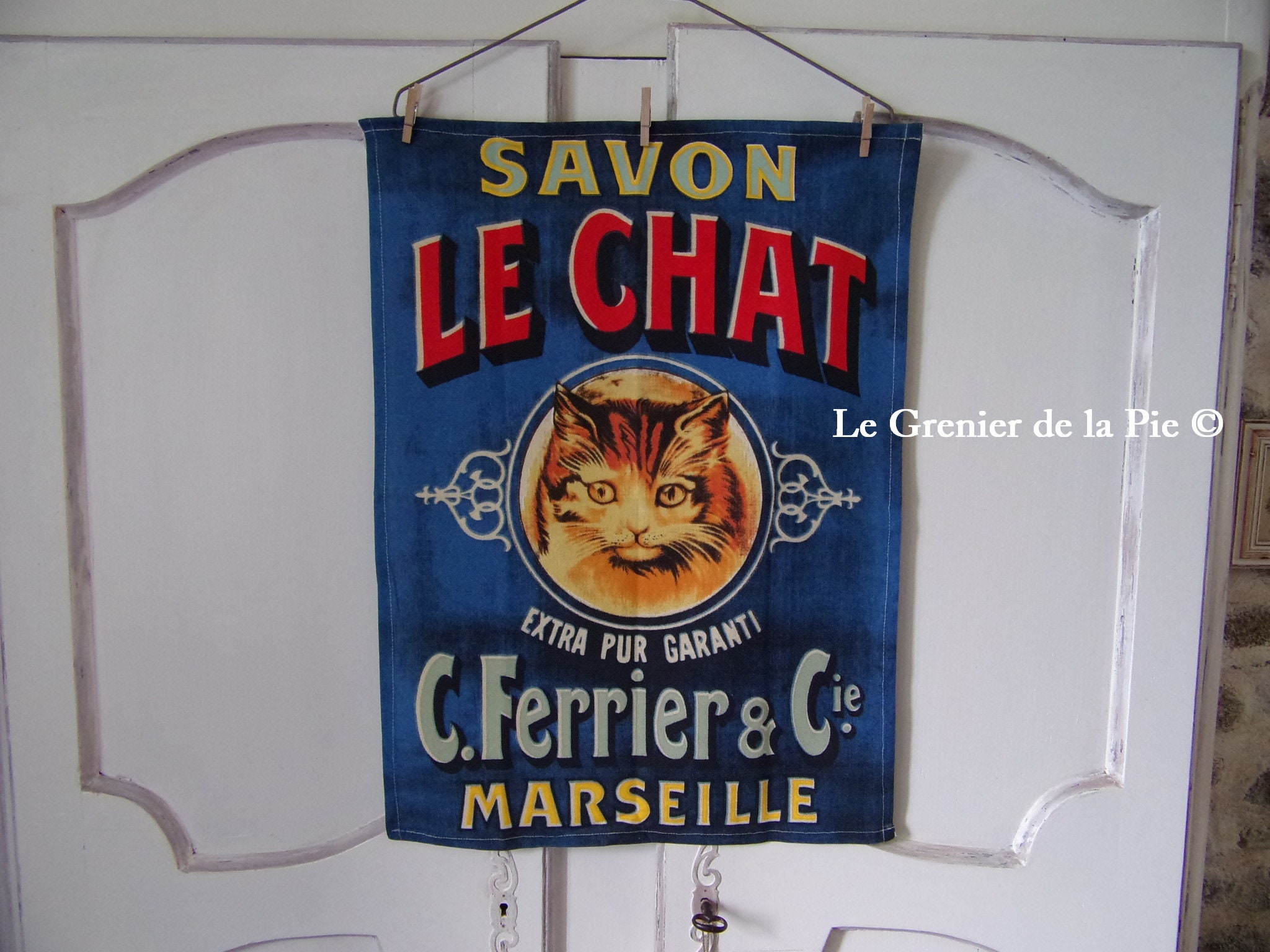 Torchon en Coton Bleu Savon de Marseille Le Chat Essuie-Mains Décoration Cuisine Style Français Rétr
