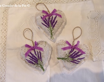 1 fabric heart to hang lavender bouquet key decoration flower pattern Provence purple velvet 11.5 cm handmade French hanging heart