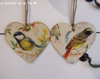 1 coeur en bois fait main à suspendre oiseau mésange charbonnière ou rouge-queue à front blanc décoration clé meuble 10cm wooden heart