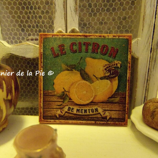 MINIATURE wooden plaque Lemon of Menton table for dolls house 1:12 decoration fruit Provence style vintage dollhouse french sign