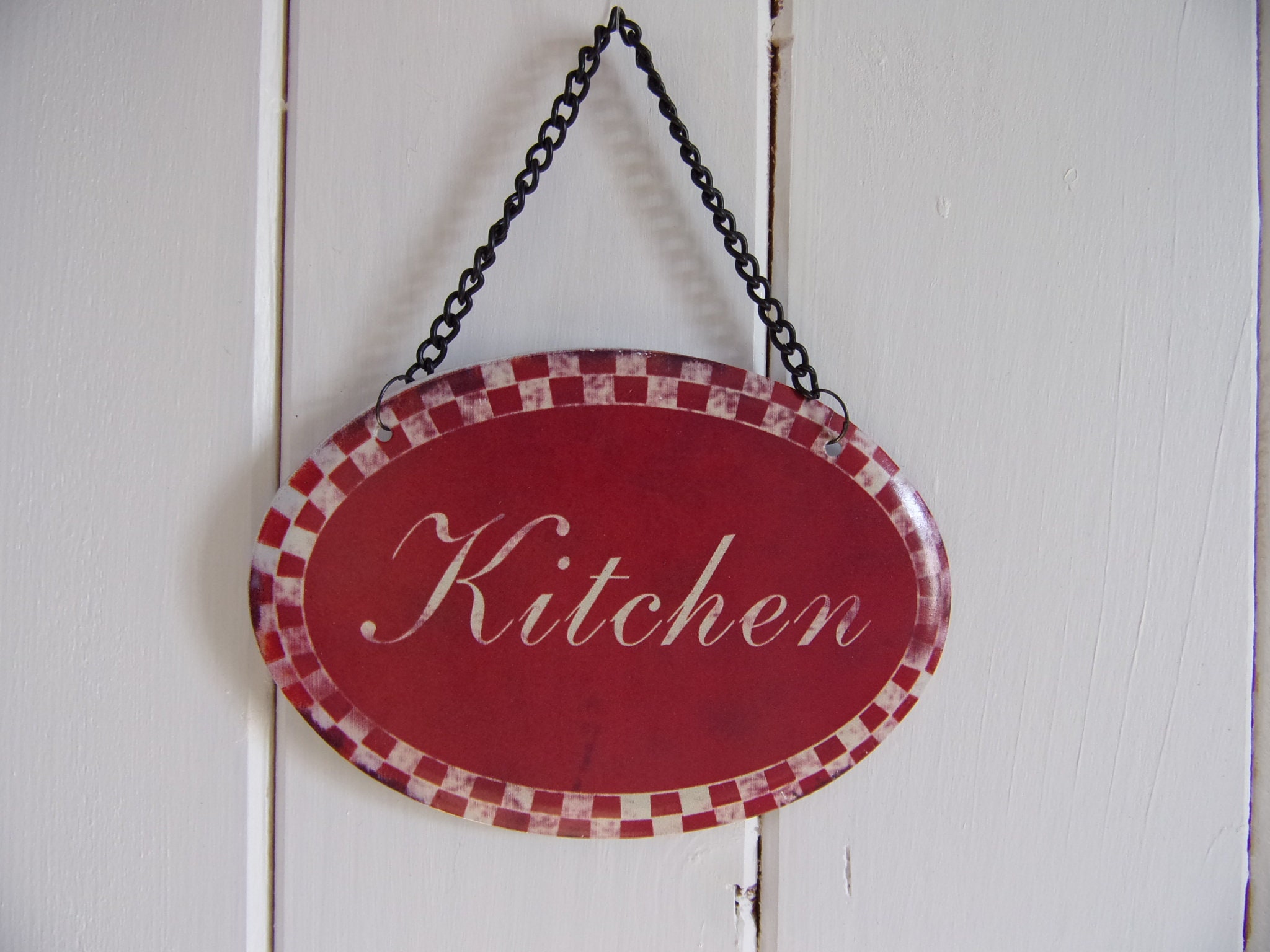Plaque de Porte Ovale en Métal Pour Cuisine KitchenDamier Rouge Panneau Fer Décoration Style Émail R