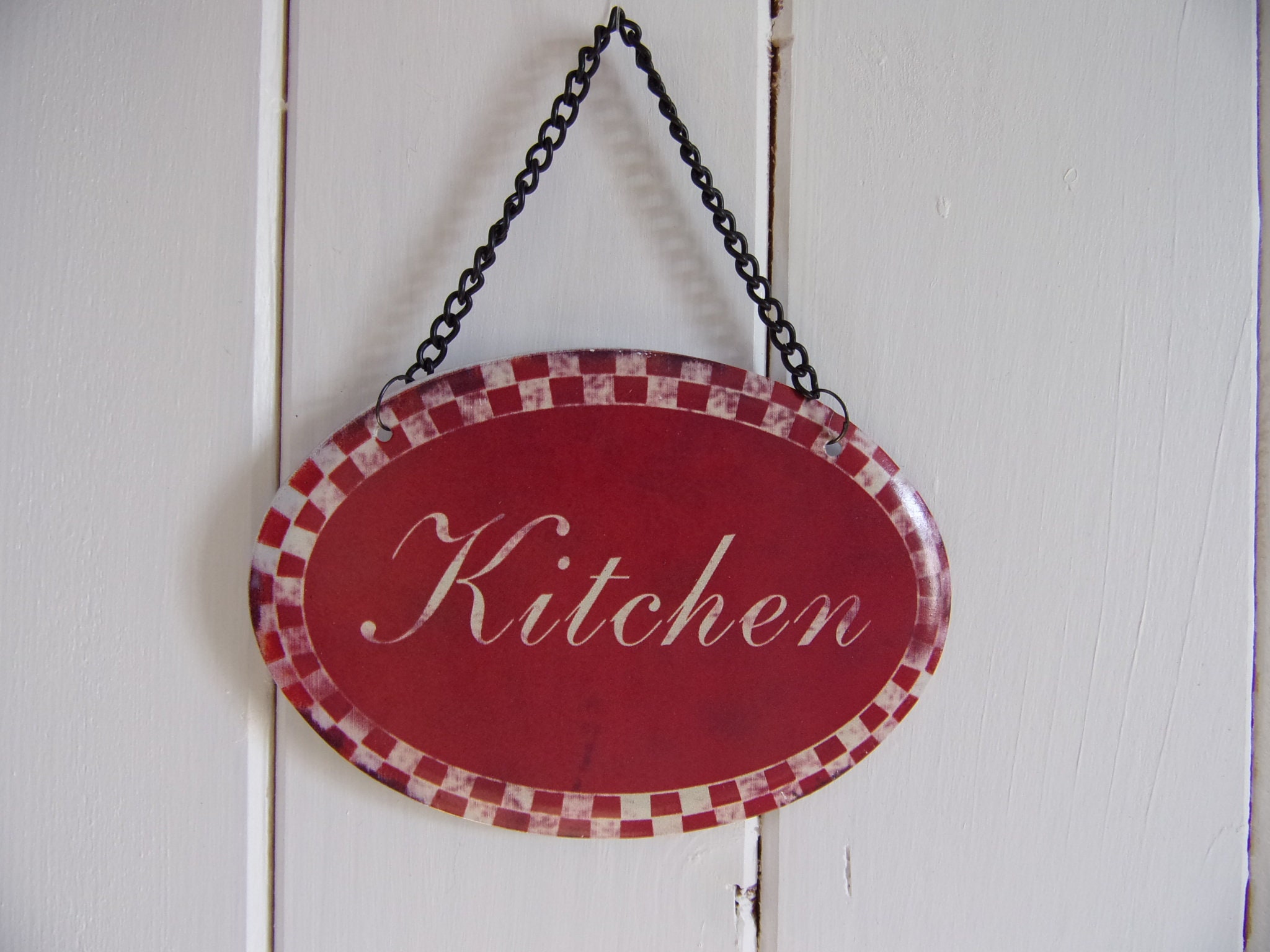 Plaque de Porte Ovale en Métal Pour Cuisine KitchenDamier Rouge Panneau Fer Décoration Style Émail R