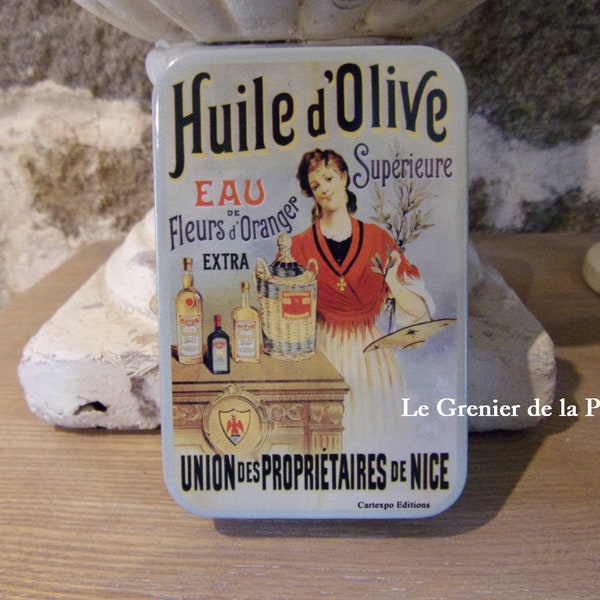 metal advertising box olive oil and orange blossom from Nice kitchen storage vintage retro enamel style 9x6cm French tin box