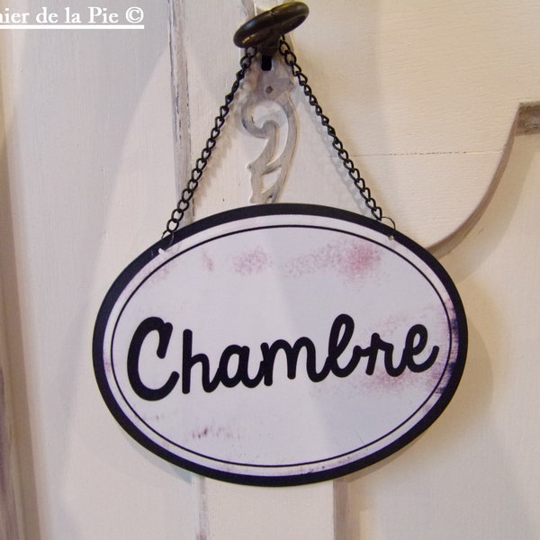 plaque de porte ovale en métal chambre décoration patine noir et blanc style rétro vintage shabby 17x13cm French tin sign