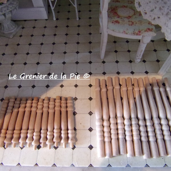 12 balustres miniatures en bois tourné brut escalier pieds de table meuble bricolage maison de poupées échelle 1:12 dollhouse wooden legs