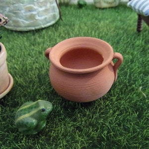 Puede incluir: Una pequeña maceta de terracota con una figurita de rana verde delante. La maceta está sentada en un lecho de hierba artificial verde.