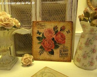 MINIATURE wooden board plaque for dollhouse scale 1:12 decoration bouquet of roses flowers Provence shabby French dollhouse sign