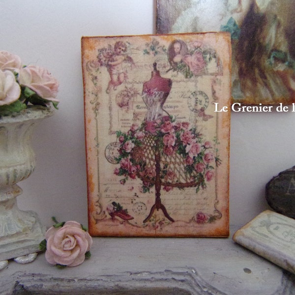 plaque miniature en bois tableau pour maison de poupées 1:12 décoration mannequin corset fleurs roses vintage shabby chic dollhouse sign