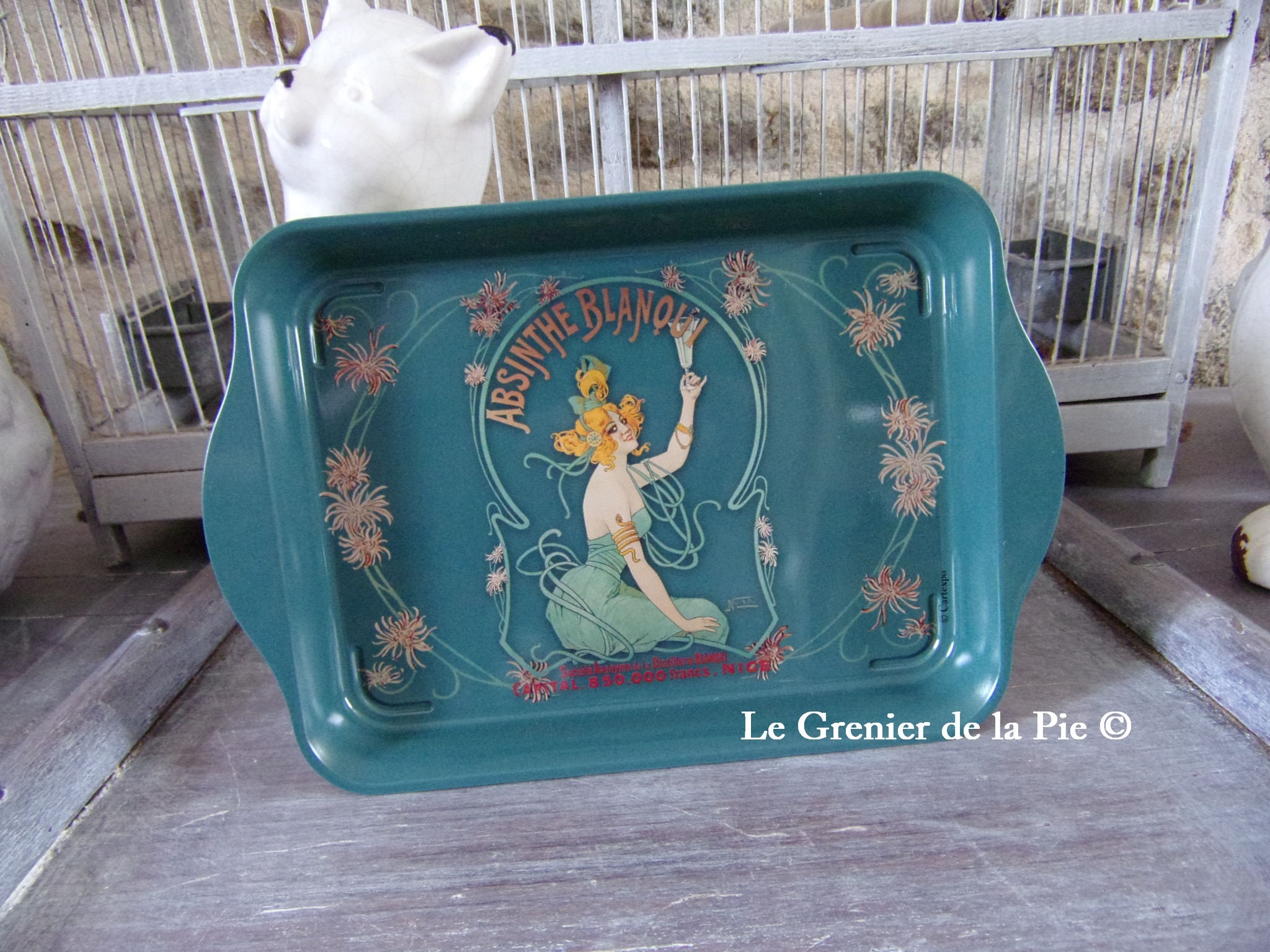 Petit Plateau en Métal Publicité Absinthe Blanqui Distillerie de Nice Femme Art Nouveau 14x21cm Déco