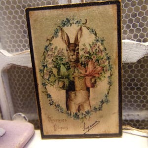 plaque miniature, décoration de Pâques, lapin, lièvre, tableau pour maison de poupées 1:12, mini carte, shabby, dollhouse Easter sign, bunny