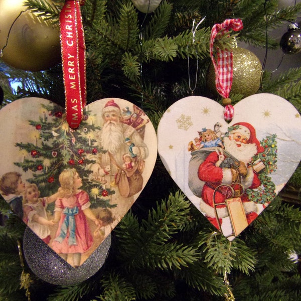 1 coeur en bois fait main à suspendre motif père noël jouets enfants décoration de sapin style vintage 10cm handmade French hanging heart