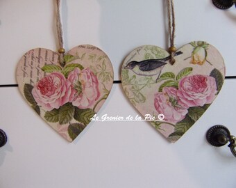 1 coeur en bois fait main à suspendre motif fleur rose ancienne oiseau décoration de porte clé meuble shabby chic 10cm handmade French heart