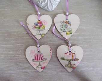 2 small handmade wooden hearts hanging decorations pattern cake pastry macaron shabby chic 6cm handmade French hanging hearts
