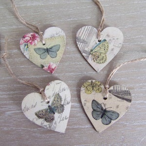 4 small handmade wooden hearts spring decoration to hang butterfly pattern 5x5cm shabby chic handmade wooden hanging hearts