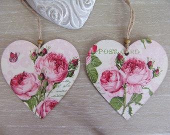 1 coeur en bois fait main à suspendre motif fleurs roses anciennes Ronsard décoration de porte shabby chic French handmade hanging heart