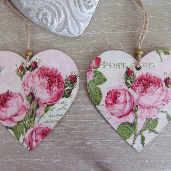 1 coeur en bois fait main à suspendre motif fleurs roses anciennes Ronsard décoration de porte shabby chic French handmade hanging heart